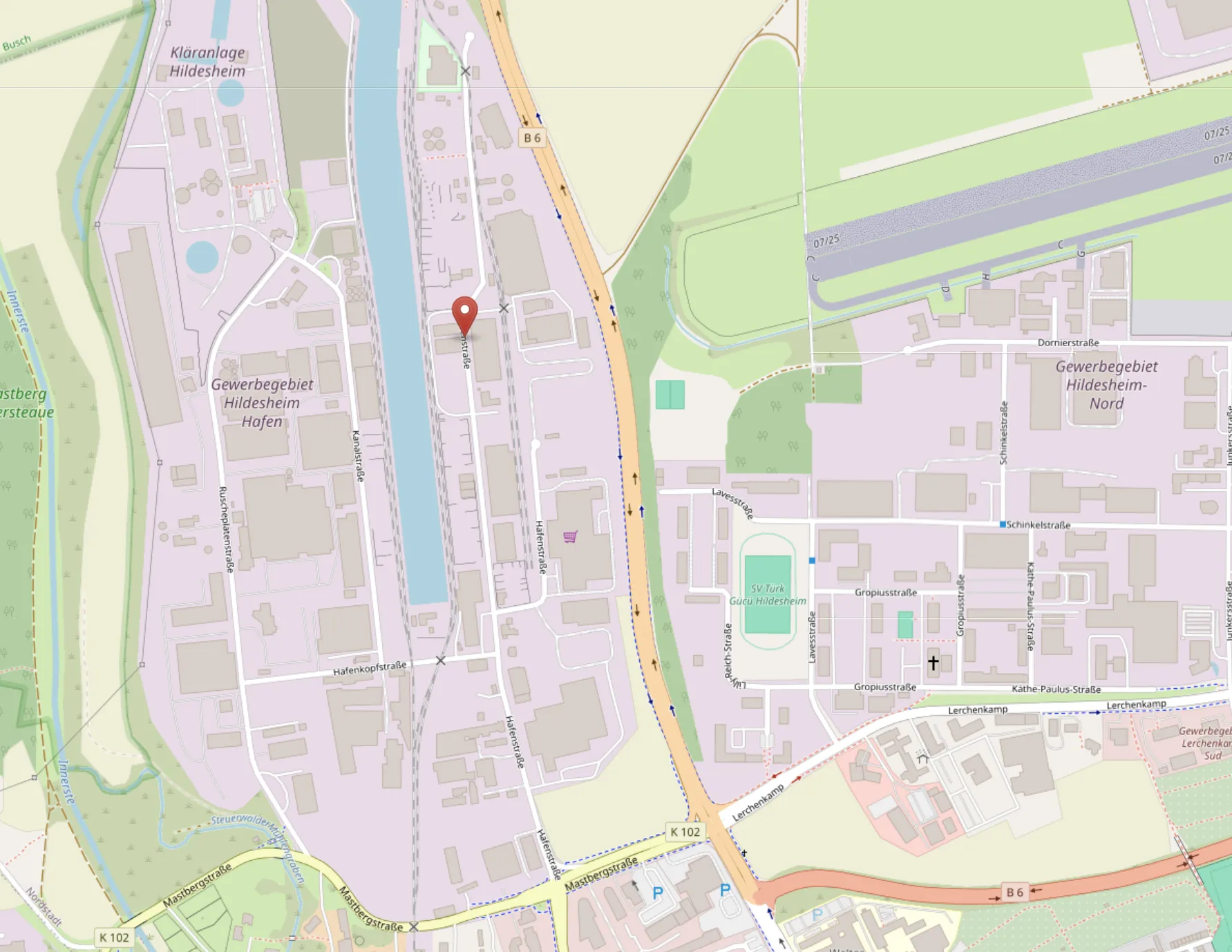 Kartenausschnitt mit dem Vereinsgelände an der Hafenstraße 50 in Hildesheim
